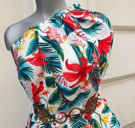 Viskozová šatová látka tropické květy bílá