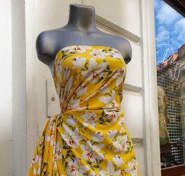 Krepdešín imitace hedvábí květy lilie žlutý