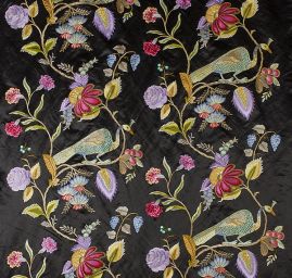 Satén vyšívaný vzor páv/květy černý