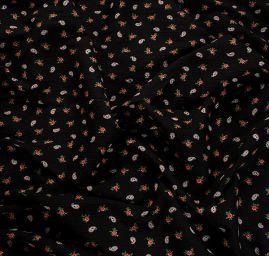 Šifon plisé motiv drobných květů a paisley vzoru černý