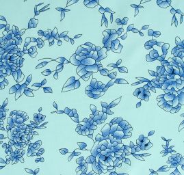 Viskozová šatová látka květy v mintmodrá