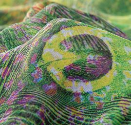 Šifon vzor paví pera digitální tisk zelená