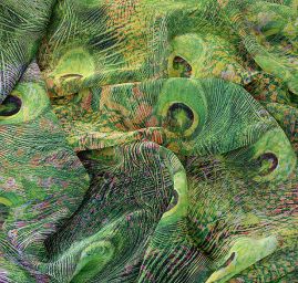 Šifon vzor paví pera digitální tisk zelená