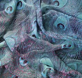 Šifon vzor paví pera digitální tisk tyrkysová