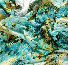 Viskozová letní látka digitální tisk květy tyrkysová