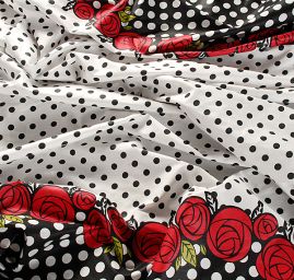 Pružná letní látka popelín puntíky/růže červená  