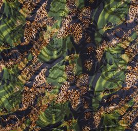 Hedvábný šifon zvířecí/květinový motiv zelenozlatý