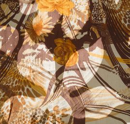 Hedvábný šifon květinový motiv hnědožlutý