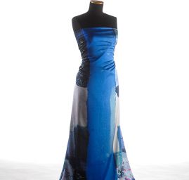 Satén nepružný geometrický vzor s květy modrý