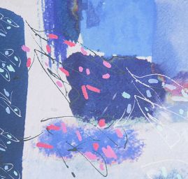 Satén nepružný geometrický vzor s květy modrý