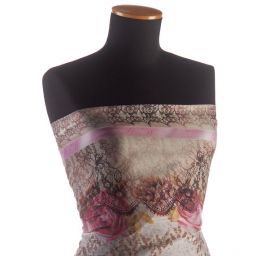 Hedvábný šifon krajkový vzor s květy starorůžový