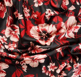 Šatová látka imitace hedvábí vzor květů vínový