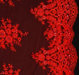 Krajka výšivka na tylu s korálky rokajlem červená