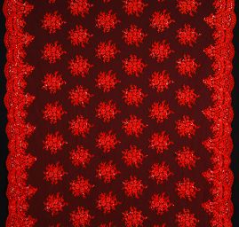 Krajka výšivka na tylu s korálky rokajlem červená