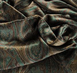 Hedvábný atlas pružný paisley vzor tmavě zelený