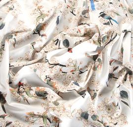 Krepdešín motiv ptáčků/květin slonová kost