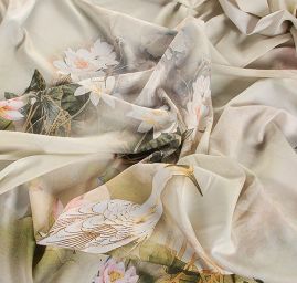 Krepdešín tisk leknín/volavka žlutozelený