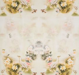 Krepdešín tisk leknín/volavka žlutozelený