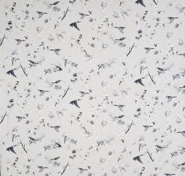 Krepdešín motiv ptáčků/květin šedostříbrný