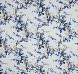 Krepdešín květy višní sv. modrý