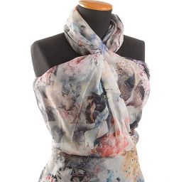 Šifon plise motiv květin/pávů smetanový/šedý