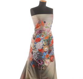 Krepdešín tisk motiv velkých květů hnědozelený