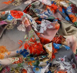 Krepdešín tisk motiv velkých květů hnědozelený