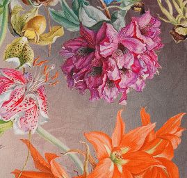 Krepdešín tisk motiv velkých květů hnědozelený