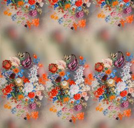 Krepdešín tisk motiv velkých květů hnědozelený