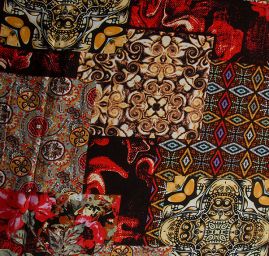 Viskozová šatová látka patchwork červenohnědý