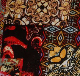 Viskozová šatová látka patchwork červenohnědý