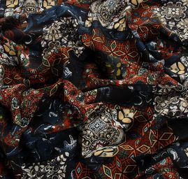 Viskozová šatová látka patchwork modrohnědý