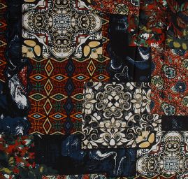 Viskozová šatová látka patchwork modrohnědý