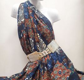 Viskozová šatová látka patchwork modrohnědý