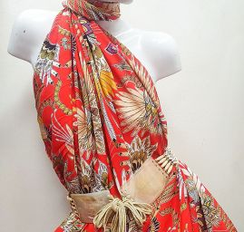 Viskozová šatová látka listová mozaika červená