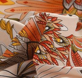 Viskozová šatová látka listová mozaika hnědá