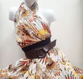 Viskozová šatová látka listová mozaika hnědá