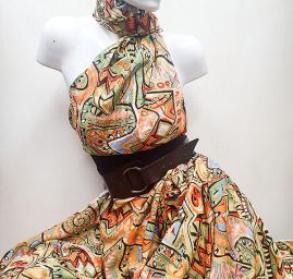 Viskozová šatová látka etno vzor zelený