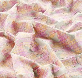 Šifon s aplikací a výšivkou kostka růžovožlutý