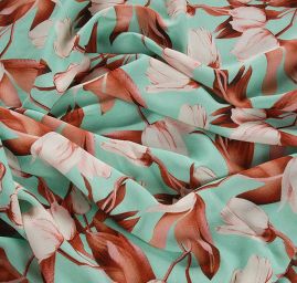 Batist bavlna hedvábí směs vzor tulipány tyrkysová