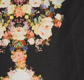Hedvábná látka romantický vzor květin černá