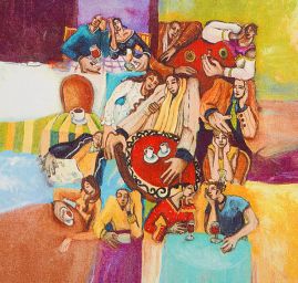 Viskozvoý úplet kupón vzor kostky/kavárna