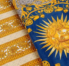 Exkluzivní bavlněný samet motiv slunce/amfora modrá