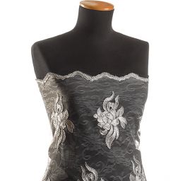 Krajka bordurová na tylu květy šedá