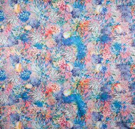 Pružný satén digitální tisk fantize květin modrá