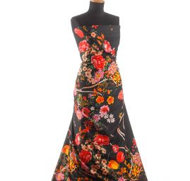 Krepsatén látka tisk květin černá