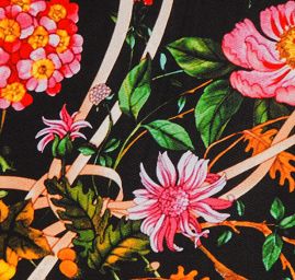 Krepsatén látka tisk květin černá