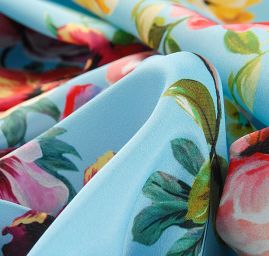 Krepdešín imitace hedvábí tisk proužky/kytičky modrý II.jakost