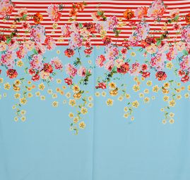 Krepdešín imitace hedvábí tisk proužky/kytičky modrý II.jakost