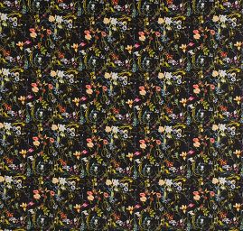 Krepsatén látka tisk luční květy černá